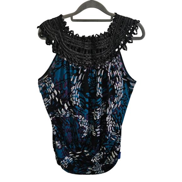 Perseption Concept Women's XL Woven Collar Bubble Top Black Blue Abstract - Picture 5 of 5